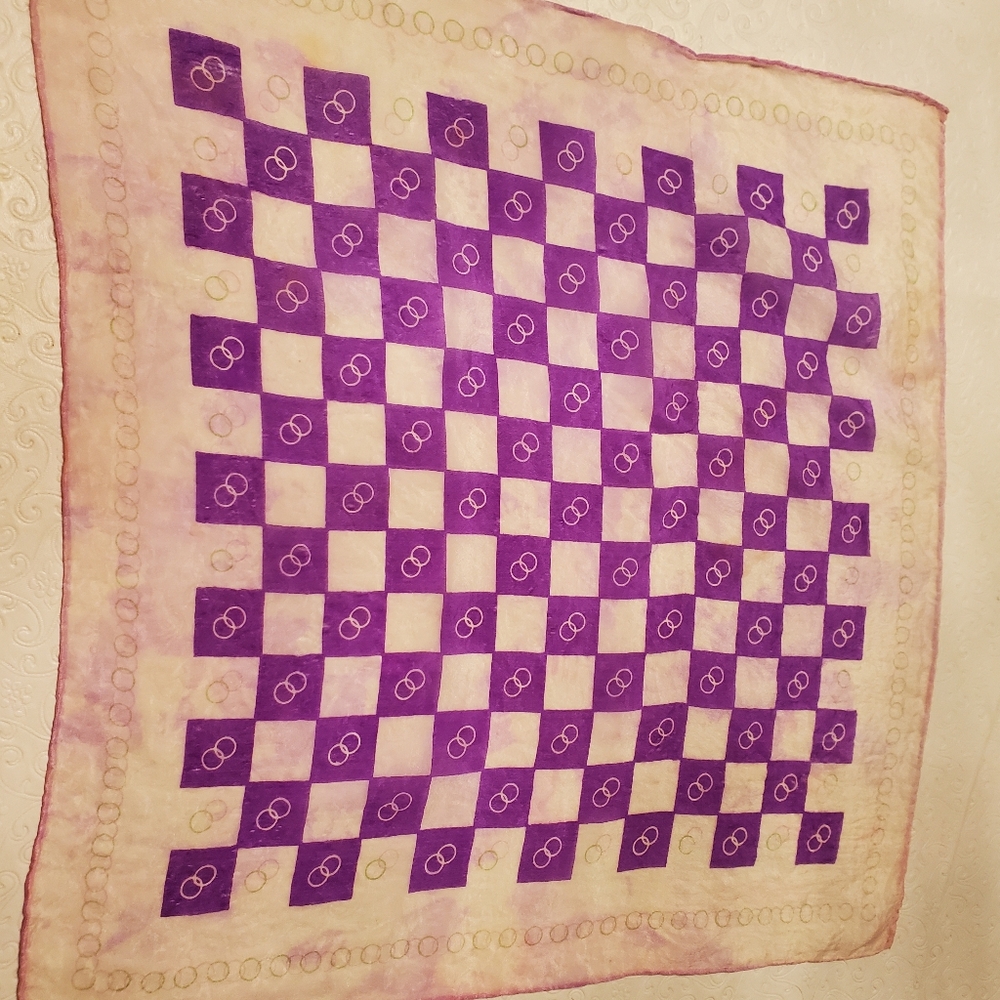 Scarf VTG PURPLE/GREEN GEOMETRIC PATTERN ROLLED EDGES SILK